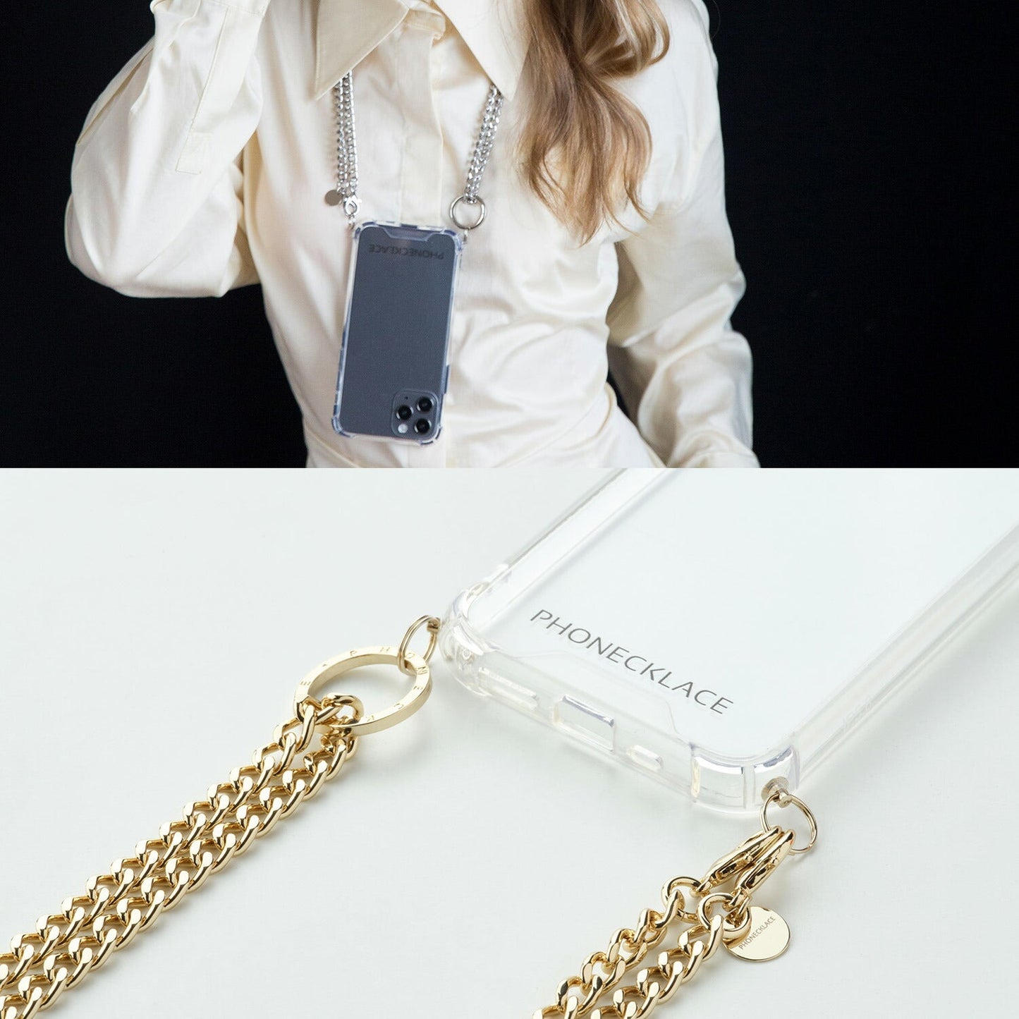 クリアスマホケース本体 Logo Ring Case / Gold | PHONECKLACE(フォンネックレス)